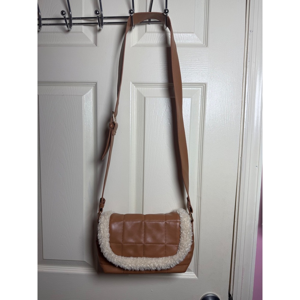 Like Dreams Brown Quilted Faux Leather Shearling Trim Crossbody Bag Cognac